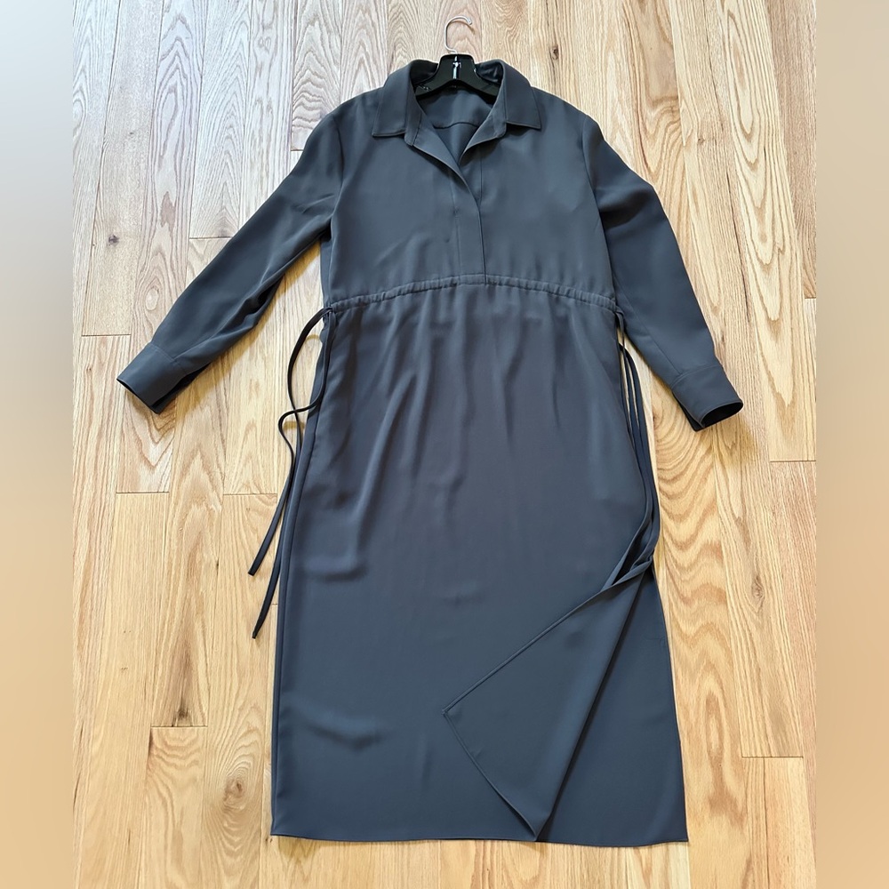 Vince Button Front Maxi Shirt Dress in dark green grayish color.  Loose fit